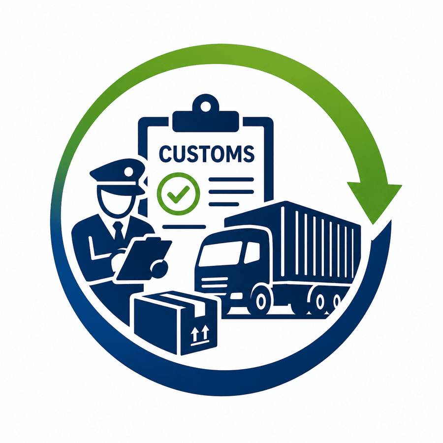 Customs clearing & forwarding — officer, clearance checklist, container truck and parcel