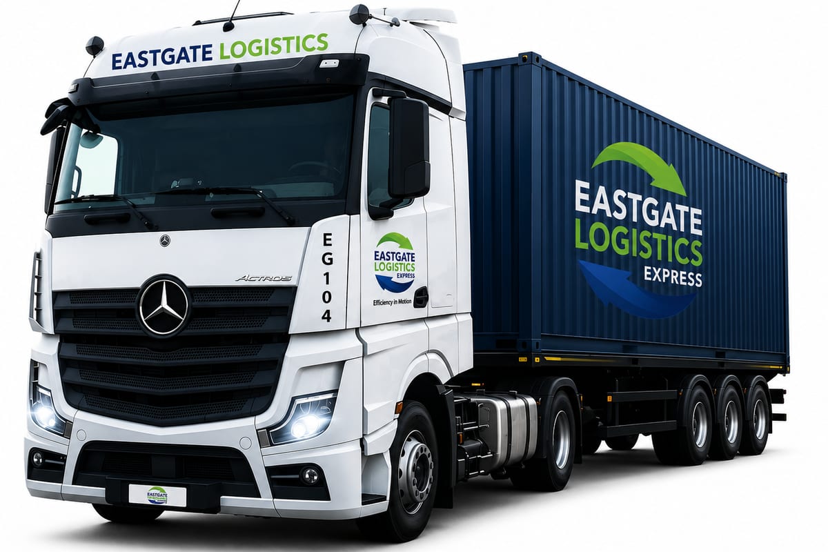 Eastgate Mercedes-Benz Actros (EG104) hauling a branded container