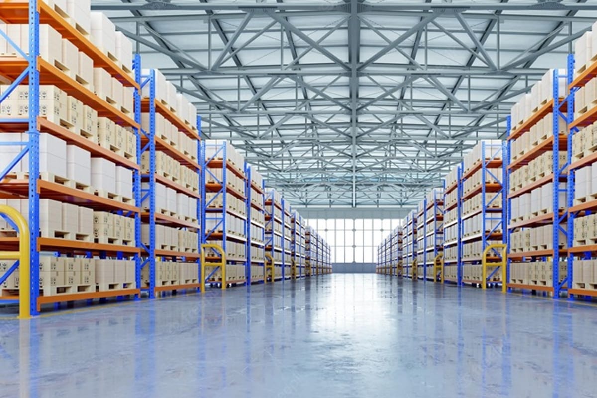 Warehouse interior with racked goods